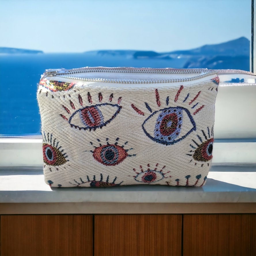 Greek Evil Eye Pouch - Jacquard Fabric Pouch - 2 sizes available - Greek Gift