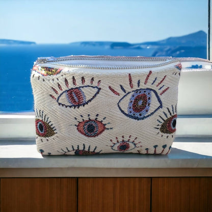 Greek Evil Eye Pouch - Jacquard Fabric Pouch - 2 sizes available - Greek Gift