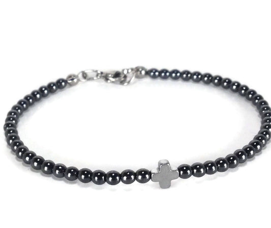 Bracelet acier inoxydable croix Hématite - Cadeau pour Elle ou pour Lui