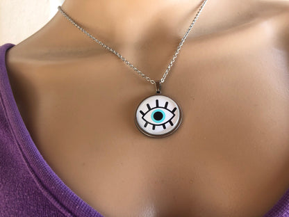 Collier Oeil Bleu en Verre en Acier
