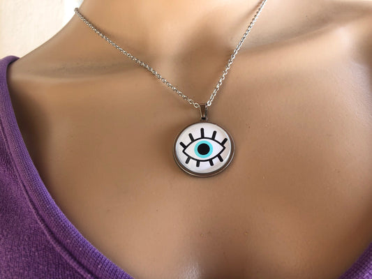Collier Oeil Bleu en Verre en Acier