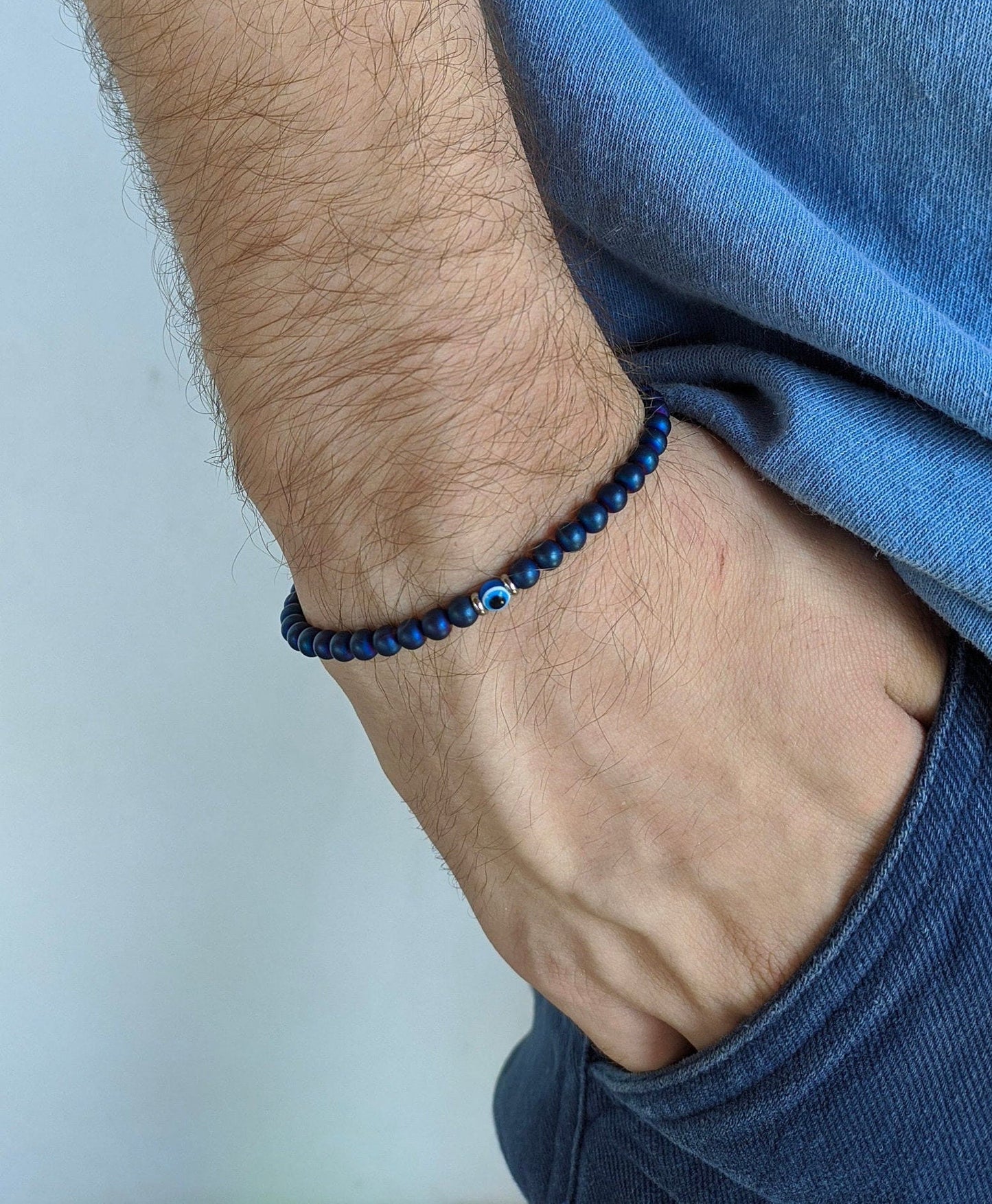 Bracelet hématite oeil bleu pour hommes - Bracelet de protection pour lui - Cadeau pour lui