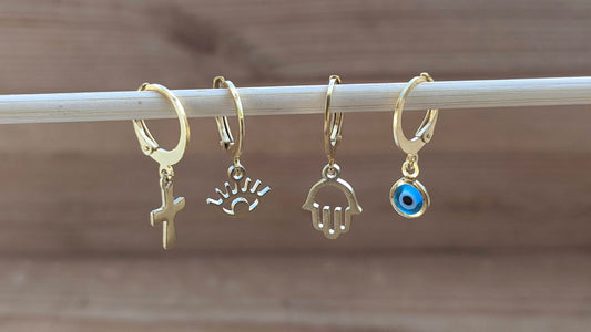 Boucles d'Oreilles Créoles Oeil Bleu - Main de Fatma - Croix