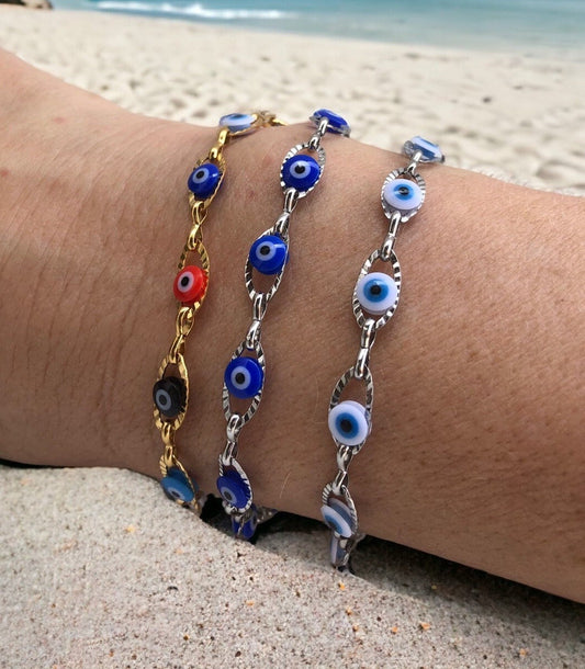 Bracelet Petits Yeux Bleus en Acier - Porte Bonheur Grec