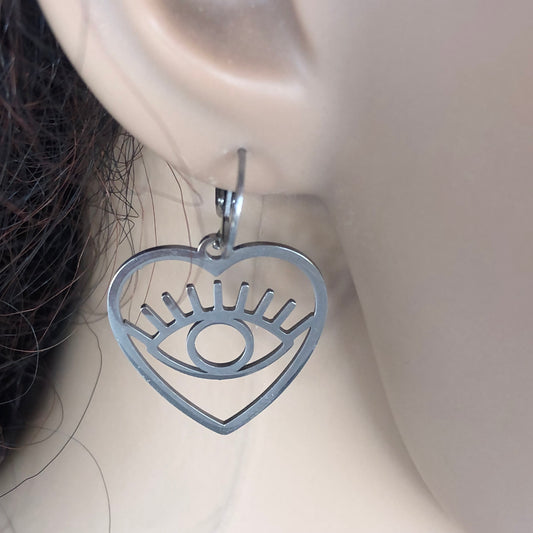 Boucles d’Oreilles Coeur Motif Oeil  en Acier Inoxydable 