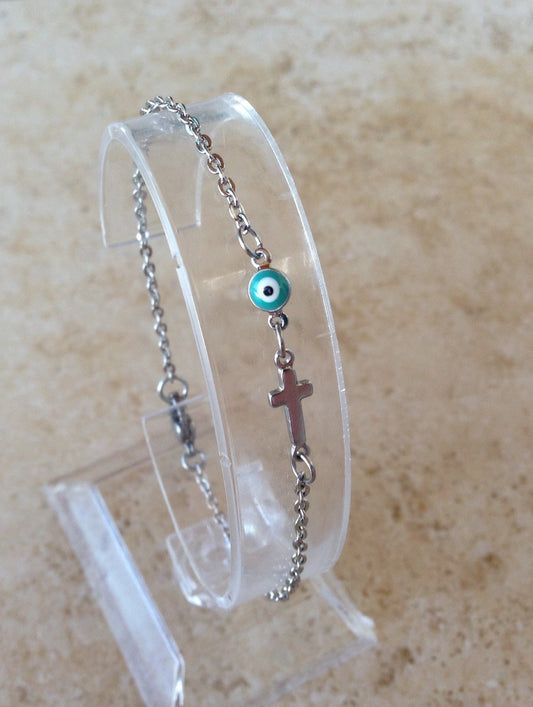 Bracelet Oeil Bleu et Croix en acier inoxydable -  Bijoux Grec