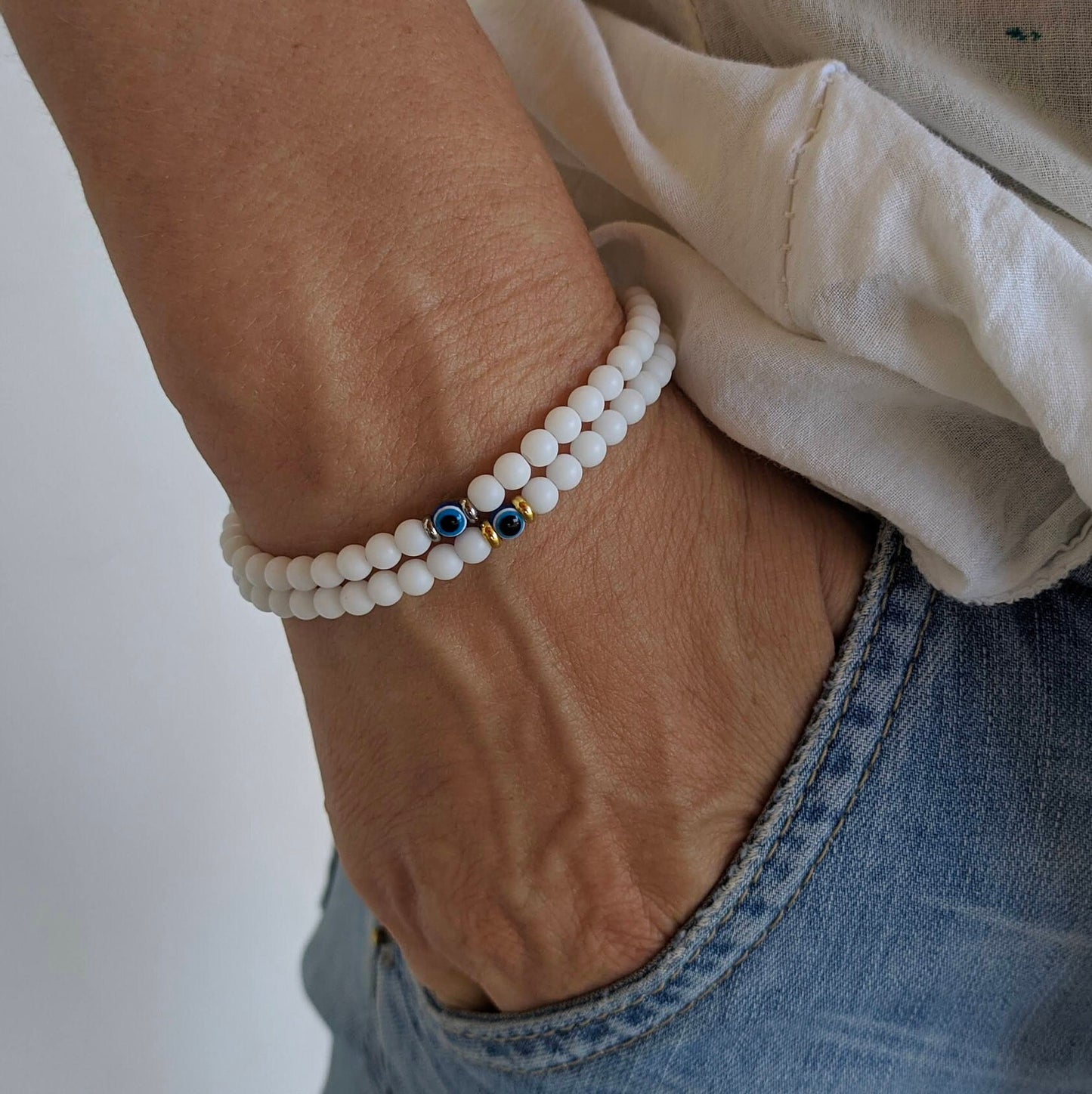 Bracelet Blanc Oeil Bleu Femme - Bijou Porte Bonheur