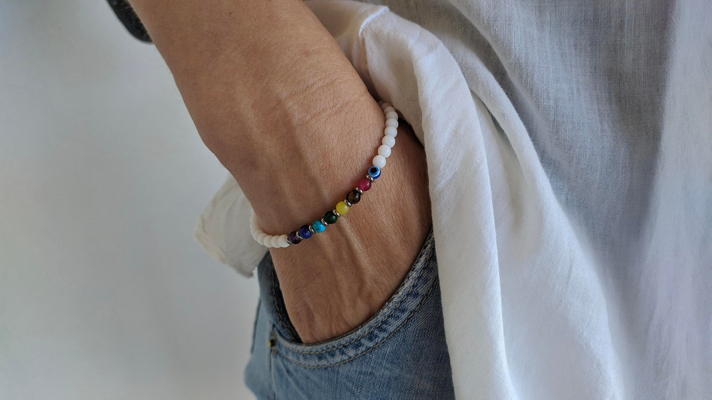 Bracelet Blanc Oeil  Bleu Chakra - Bijou Femmes