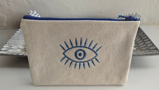Pochette brodée Oeil Bleu en Toile Canvas