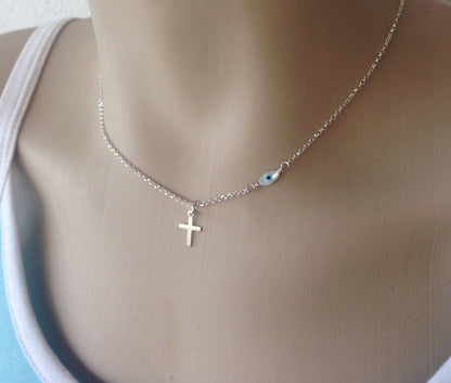 Evil Eye Cross Pendant Necklace - Sterling Silver Necklace