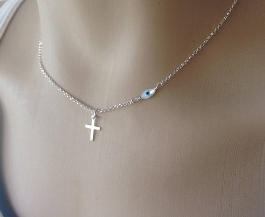 Evil eye cross pendant necklace, sterling silver evil eye necklace, tiny cross pendant