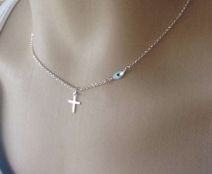 Evil Eye Cross Pendant Necklace - Sterling Silver Necklace