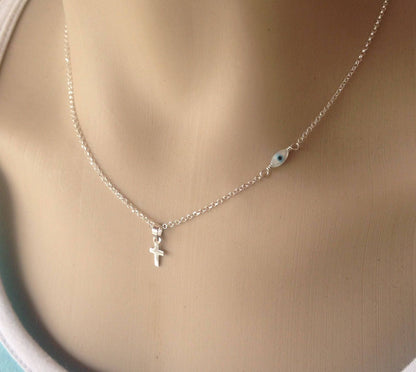 Tiny Evil Eye MOP Cross Pendant Necklace | Sterling Silver Everyday Jewelry