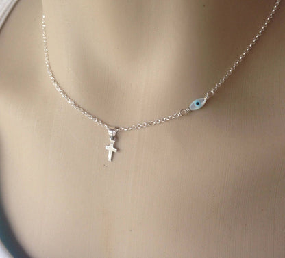 Tiny Evil Eye MOP Cross Pendant Necklace | Sterling Silver Everyday Jewelry