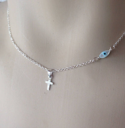 Tiny Evil Eye MOP Cross Pendant Necklace | Sterling Silver Everyday Jewelry