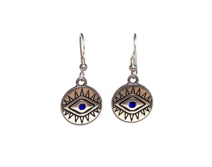 Evil eye earrings with dark blue stone, Greek jewelry, ethnic jewelry