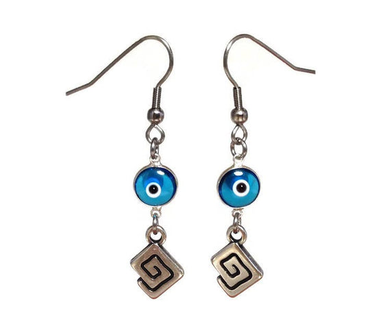 Evil eye Greek key earrings, blue dangle earrings, Greek jewelry