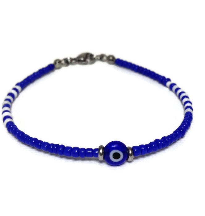 Dark blue evil eye beaded bracelet, Greek jewelry