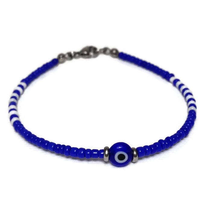 Dark blue evil eye beaded bracelet, Greek jewelry