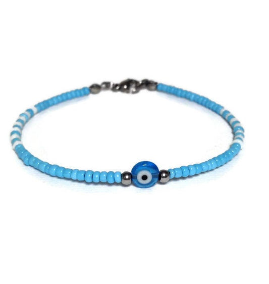 Blue Evil Eye Beaded Bracelet, Tiny Evil Eye Jewelry, Gift for her