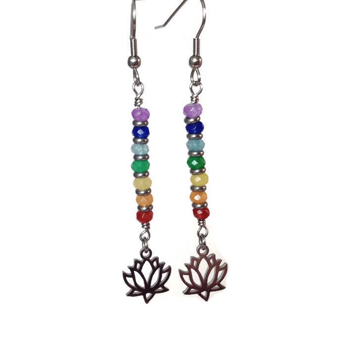 7 chakra dangle earrings- Lotus - yoga jewelry - stainless steel - healing jewelry - chakra jewelry - gift for her - yoga earrings