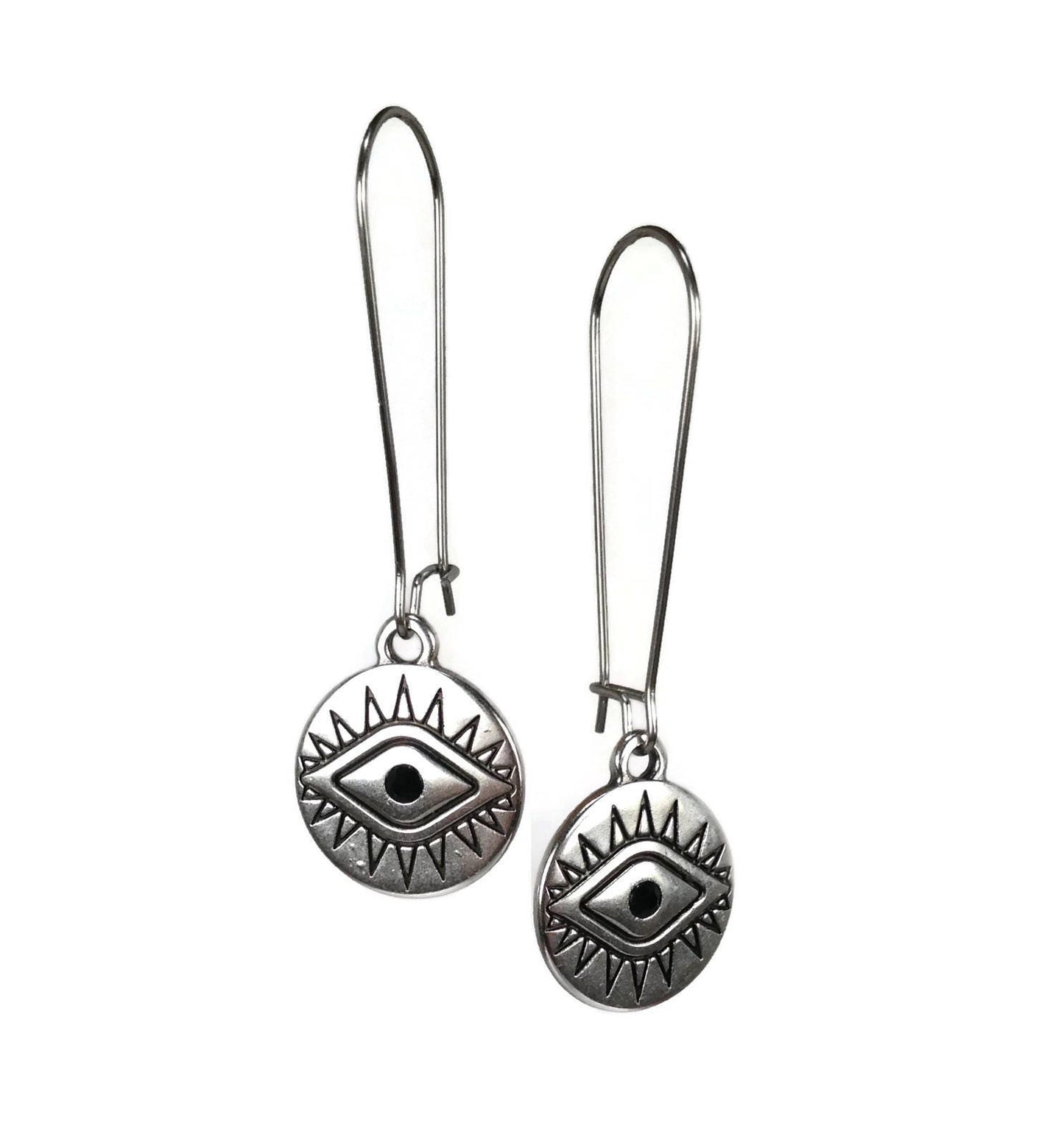 Evil eye protection dangle earrings, stainless steel earrings, ethnic earrings made in Greece
