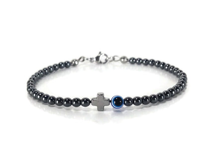 Evil Eye Hematite Cross Bracelet - Greek gift - Protection bracelet