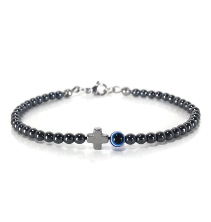 Evil Eye Hematite Cross Bracelet - Greek gift - Protection bracelet