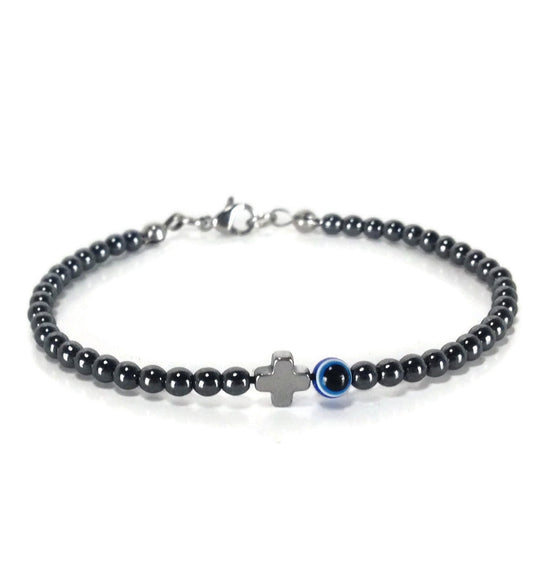 Evil Eye Hematite Cross Bracelet - Greek gift - Protection bracelet