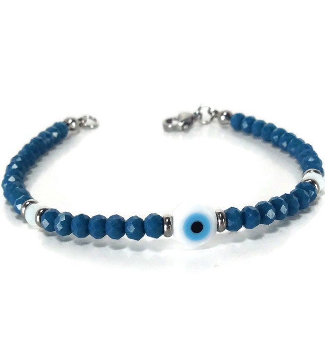 Evil eye crystal beaded bracelet, blue petrol beads, good luck jewelry, women's protection