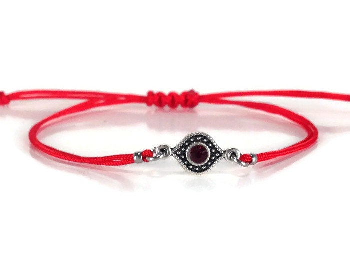 Evil eye string bracelet with a red crytal stone, good luck bracelet for her or for him, Greek jewelry