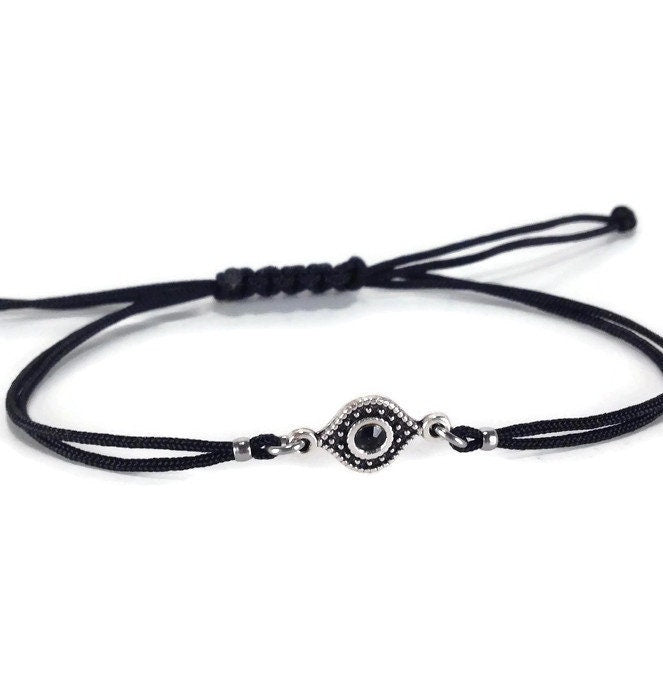 Black evil eye adjustable bracelet with black stone, good luck bracelet for him or for her