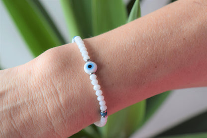 White Evil Eye Crystal Beaded Bracelet | Greek Friendship Jewelry | Gift for Her