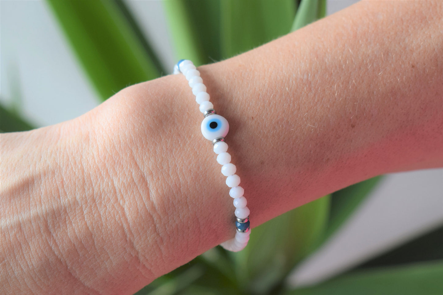 White evil eye crystal beaded bracelet, gift for her, Greek jewelry, friendship bracelet