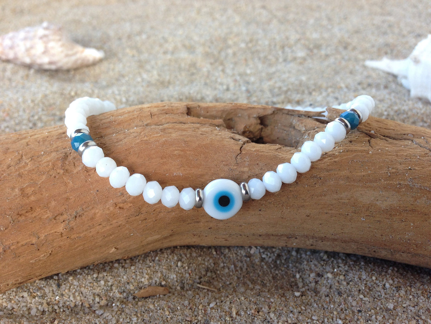 White evil eye crystal beaded bracelet, gift for her, Greek jewelry, friendship bracelet