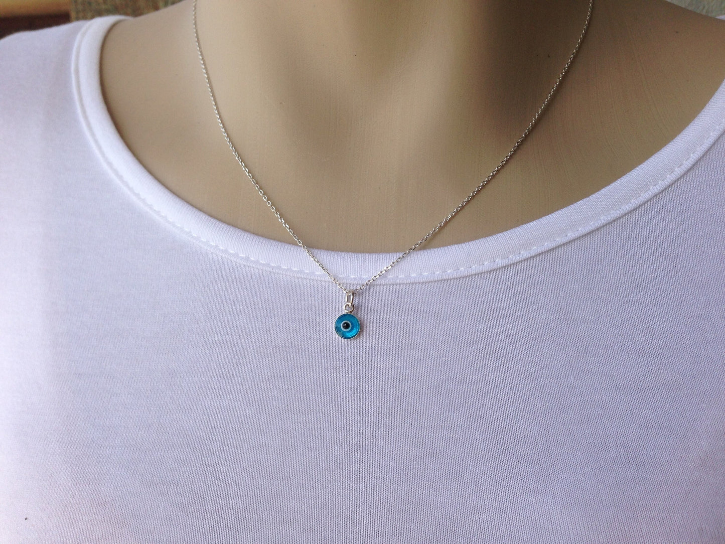 Tiny evil eye pendant necklace, sterling silver necklace, blue evil eye pendant