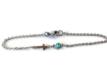 Stainless Steel Tiny Evil Eye Cross Bracelet | Greek Protection Jewelry