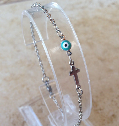 Stainless Steel Tiny Evil Eye Cross Bracelet | Greek Protection Jewelry