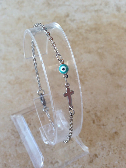 Stainless Steel Tiny Evil Eye Cross Bracelet | Greek Protection Jewelry