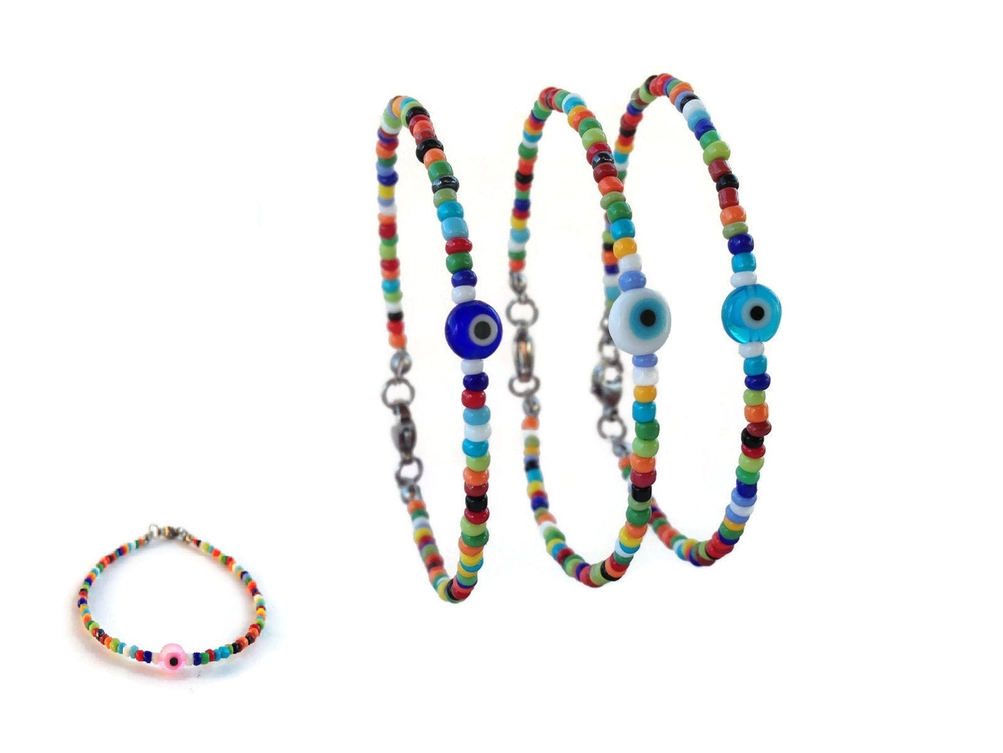 Multicolored evil eye beaded bracelet, tiny evil eye bracelet, delicate jewelry, gift for her