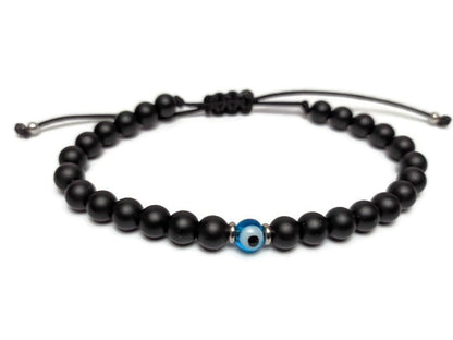 Adjustable Evil Eye Onyx Bracelet - Gift for Her or for Him - Gemstone Bracelet