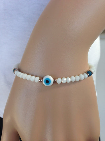 White Evil Eye Crystal Beaded Bracelet | Greek Friendship Jewelry | Gift for Her