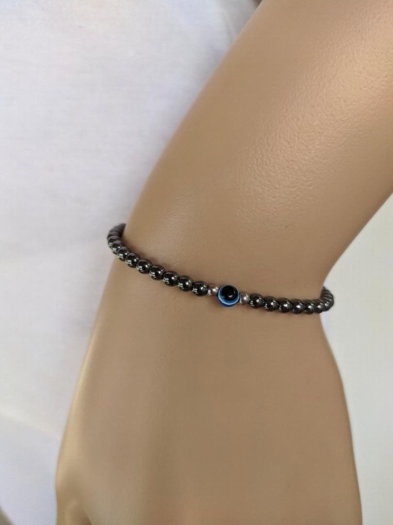 Tiny evil eye hematite bracelet, Greek evil eye protection bracelet, gift for her or for him