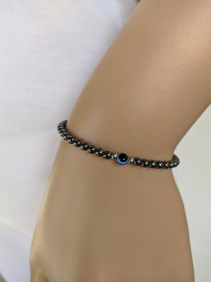 Unisex Evil Eye Hematite Bracelet | Stainless Steel Protection Jewelry