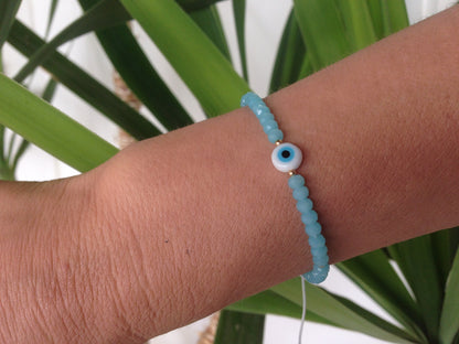 Gold Filled Evil Eye Bracelet - Blue Beaded Bracelet - Women's Gift -  Greek Jewelry