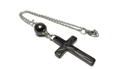 Cross Mirror Charm - Hematite Christian Cross Pendant - Car Decoration