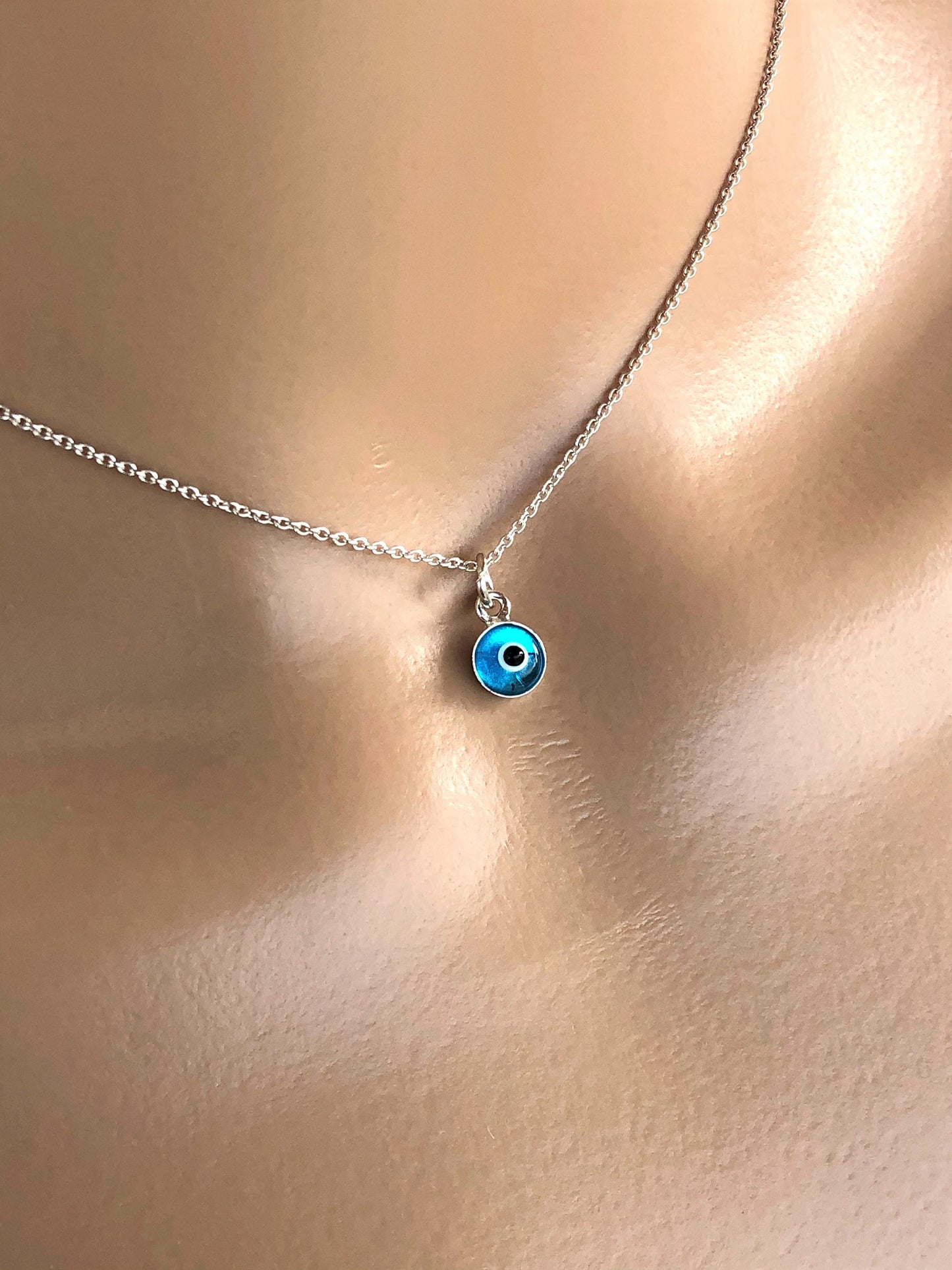 Tiny evil eye pendant necklace, sterling silver necklace, blue evil eye pendant