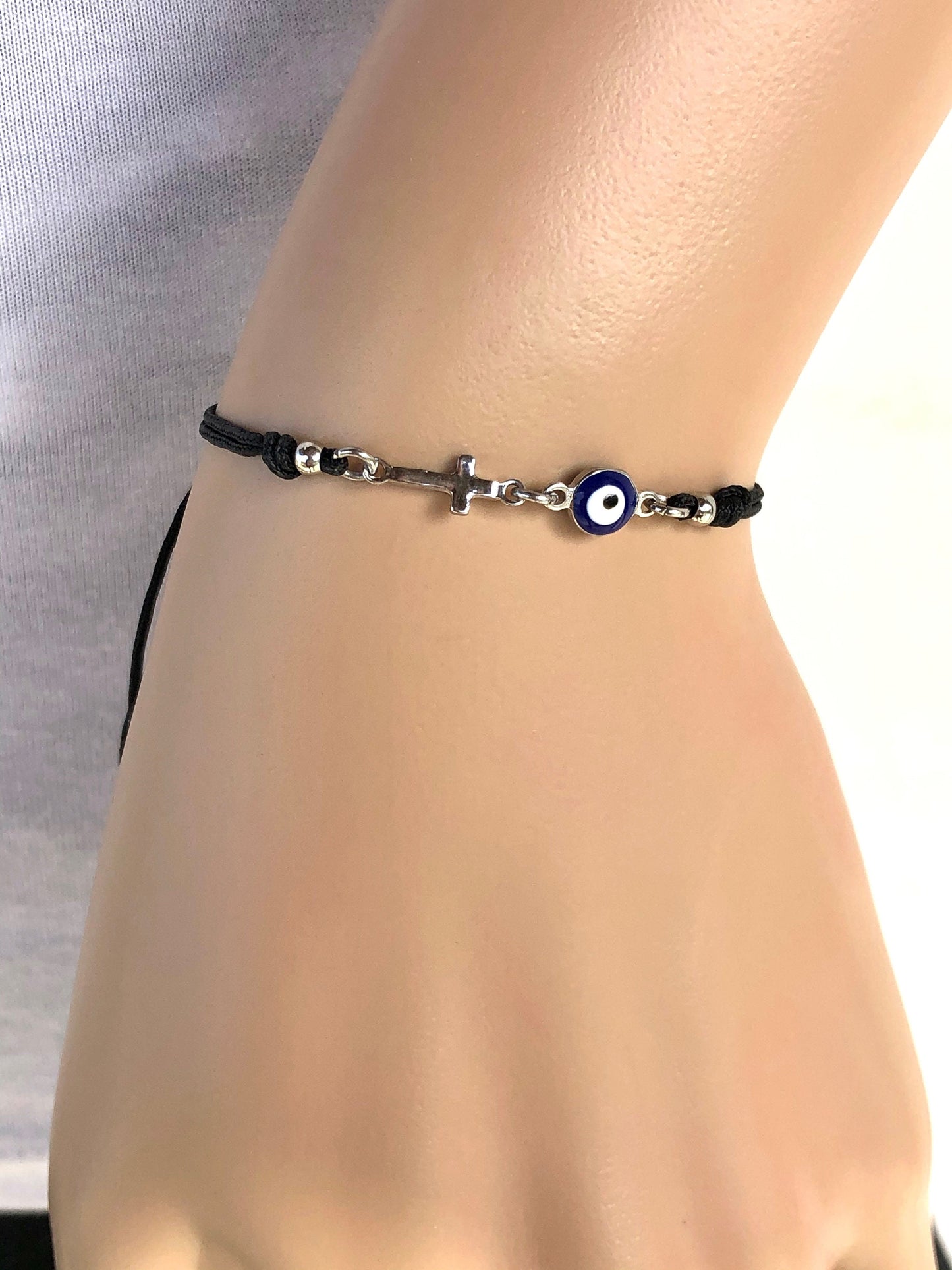 Dark blue evil eye cross bracelet, Greek jewelry, adjustable cross bracelet, gift for her