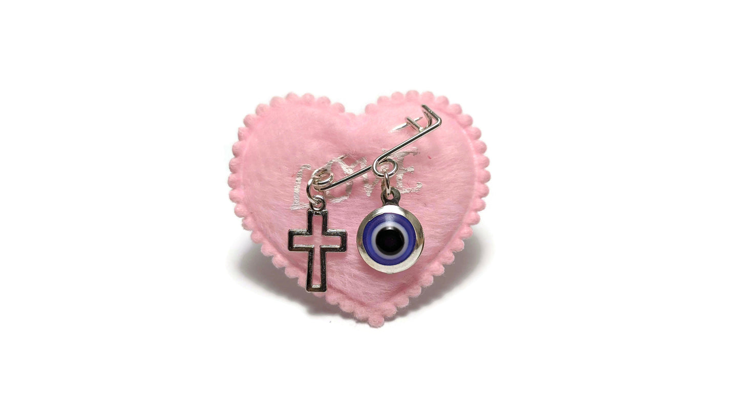 Evil eye heart safety pins, baby shower favors, Christening, baby girl gift