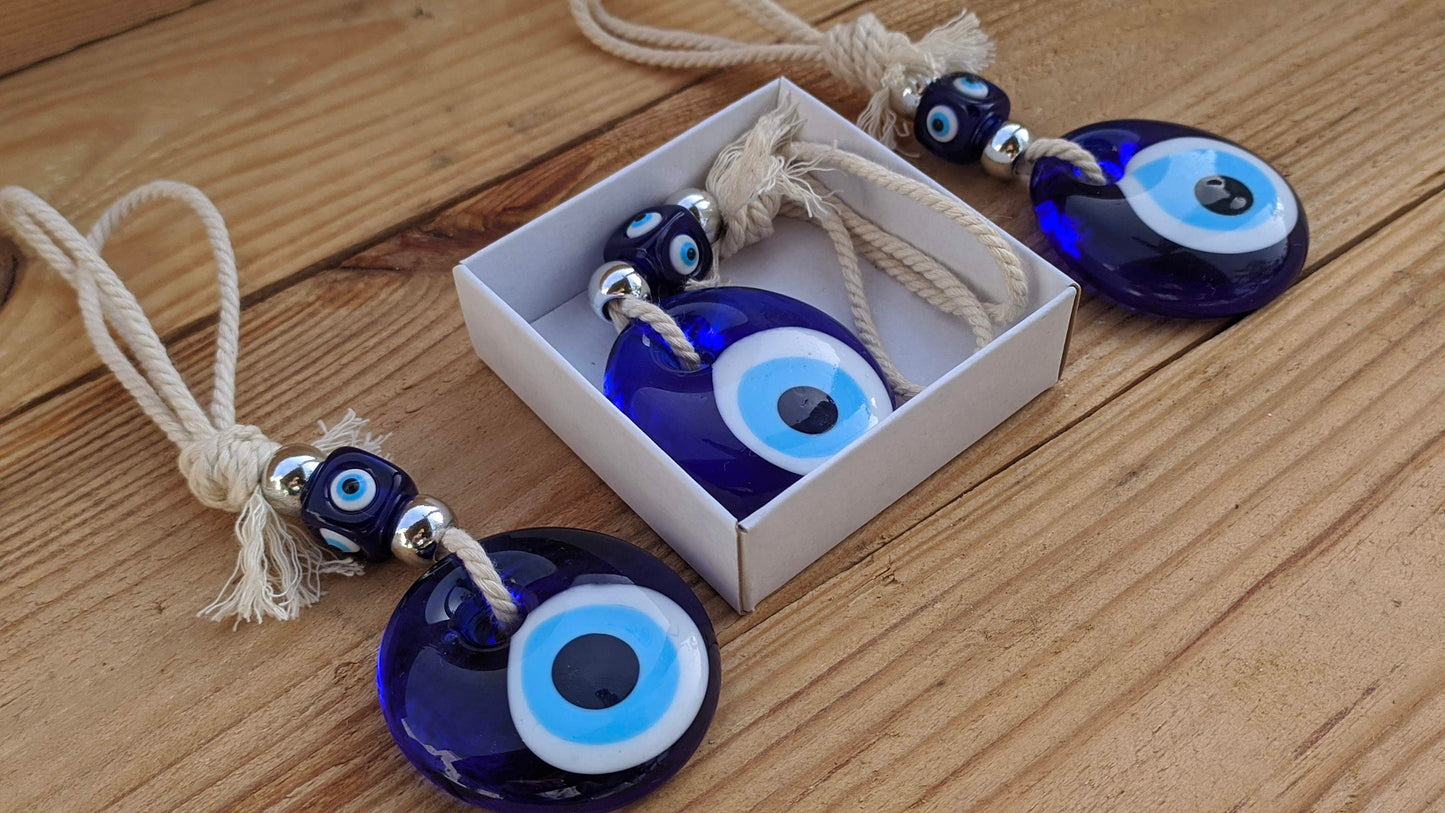 Handmade Evil Eye Glass Charm Wall Hanging - Greek Gift for House Protection
